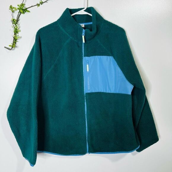 J. Crew Green Teddy Bear Fleece Zip Front Jacket Blue Accents - Picture 1 of 9